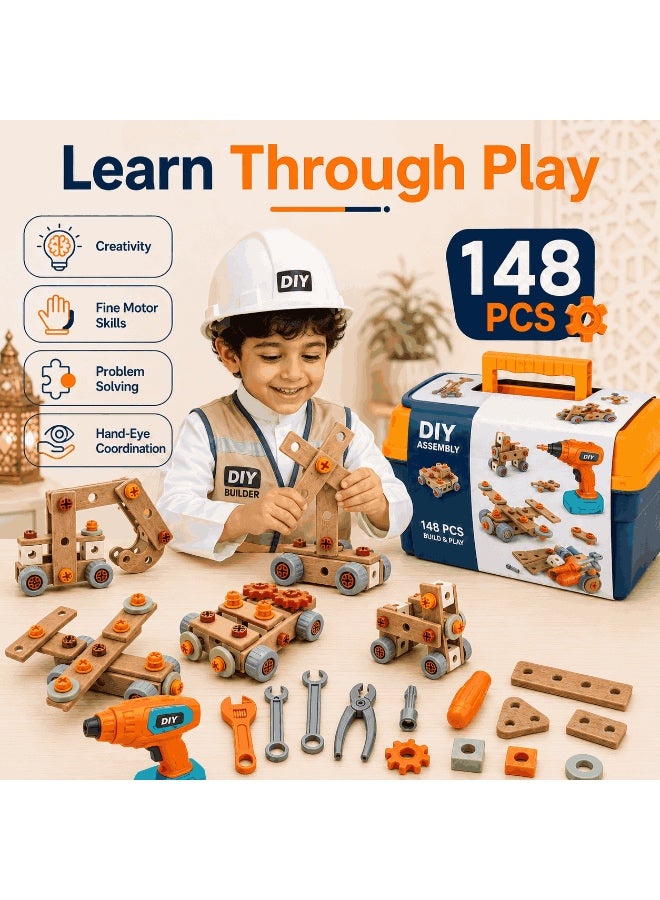 148-Piece Kids Tool Set with Electric Drill - STEM Construction Building Toys with Storage Box, Engineer Games Pretend Play Construction Tool Toys for Toddlers Ages 3+ - Image 2