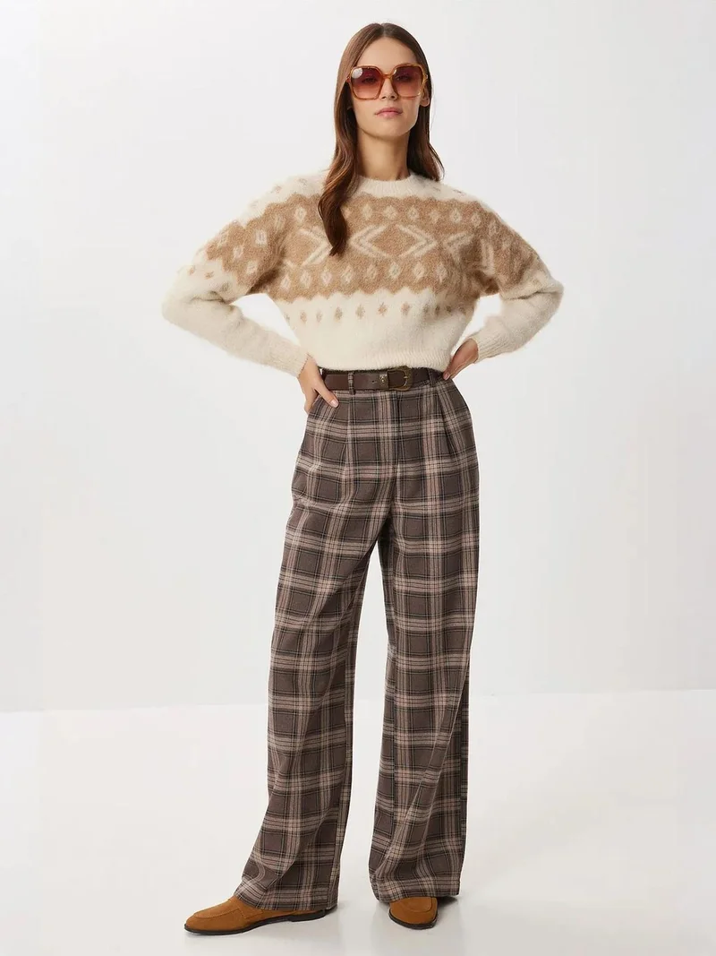 Happiness İstanbul ISTANBUL High Waist Wide Leg Plaid Palazzo Pants