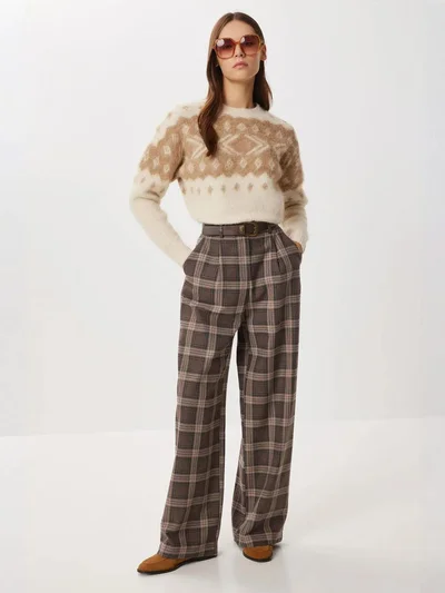 Happiness İstanbul ISTANBUL High Waist Wide Leg Plaid Palazzo Pants
