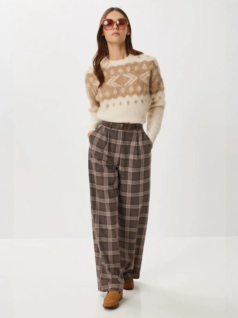 Happiness İstanbul ISTANBUL High Waist Wide Leg Plaid Palazzo Pants