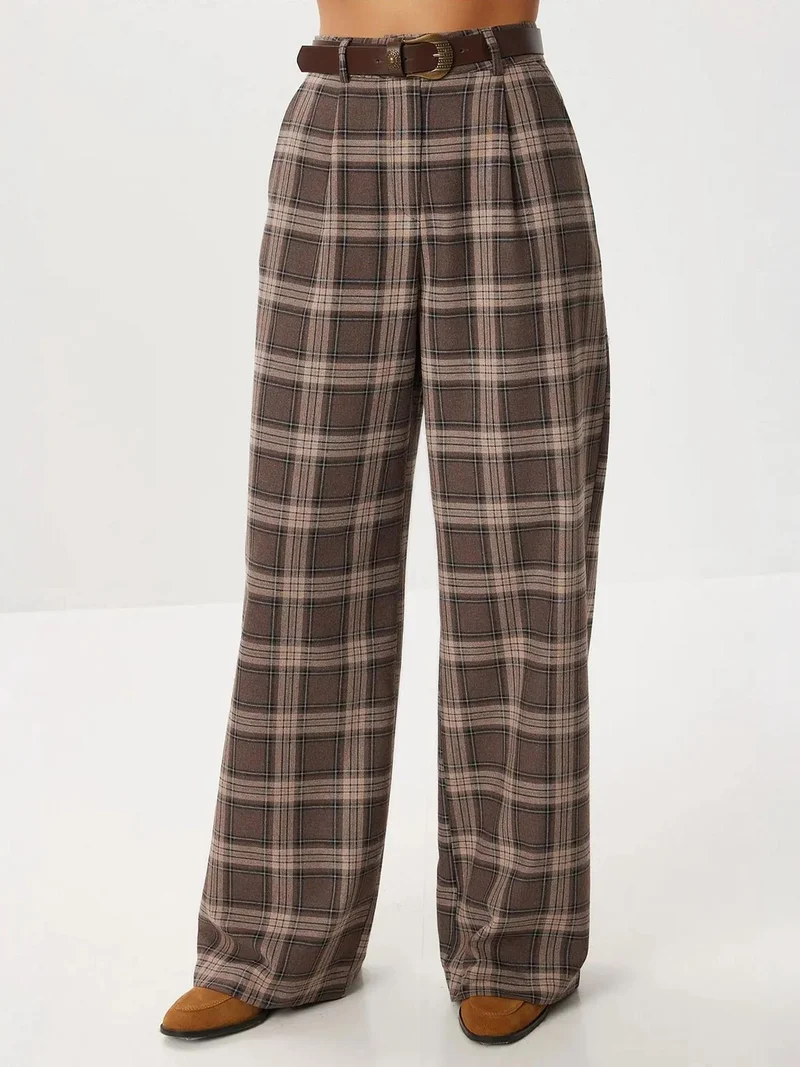 Happiness İstanbul ISTANBUL High Waist Wide Leg Plaid Palazzo Pants