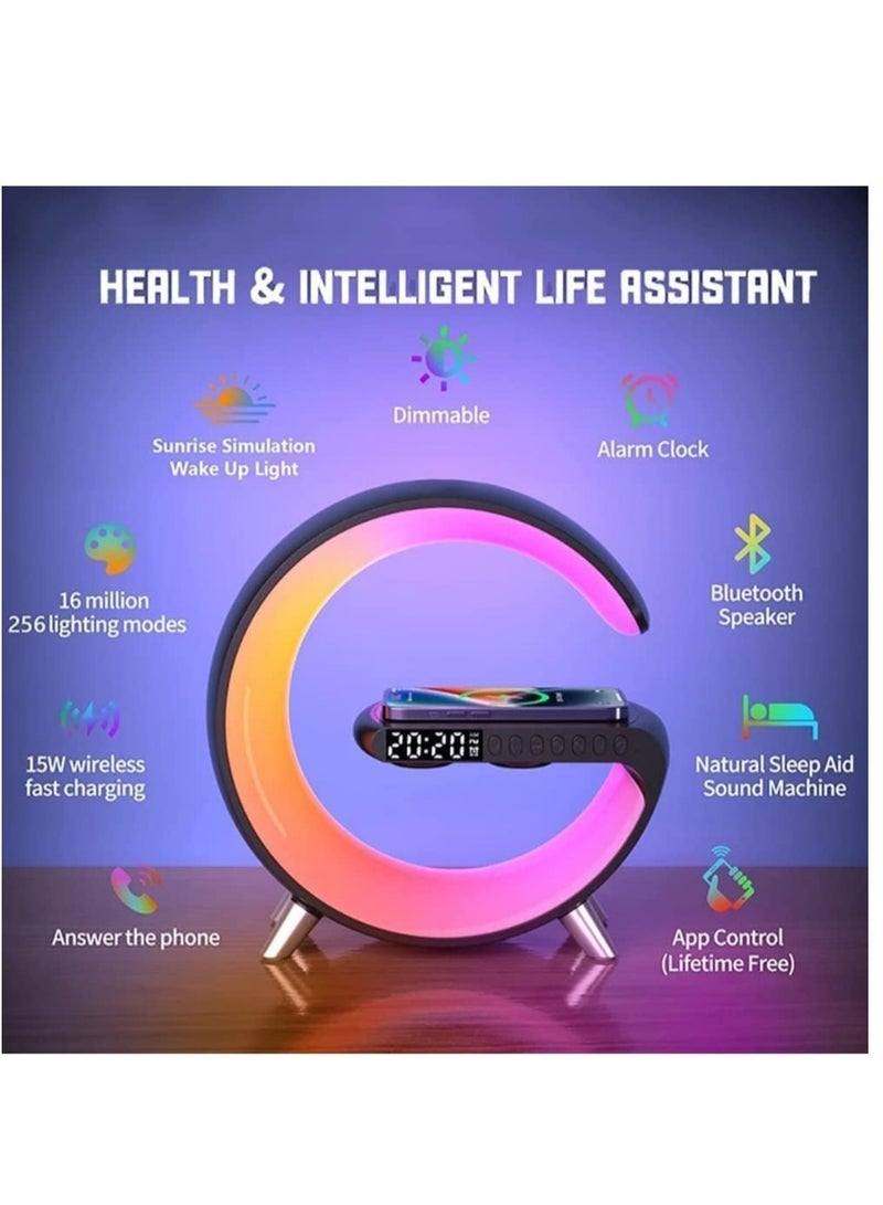 مصباح طاولة بجانب السرير، ضوء ليلي مكتبي مع شاحن لاسلكي سريع بقوة 15 واط ومكبر صوت بلوتوث، مصباح مكتبي مع ساعة منبه و256 وضع إضاءة RGB - Image 2
