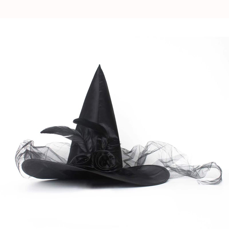 JUSTOTRY Witch Hat for Costume Party Halloween Womens Girls Black Witch Costume Hat with Roses Feathers Ironon Design Size 1PBLBlack Silk COSHAT2 - Image 2