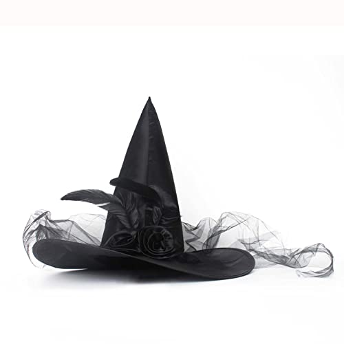 JUSTOTRY Witch Hat for Costume Party Halloween Womens Girls Black Witch Costume Hat with Roses Feathers Ironon Design Size 1PBLBlack Silk COSHAT2 - Image 1