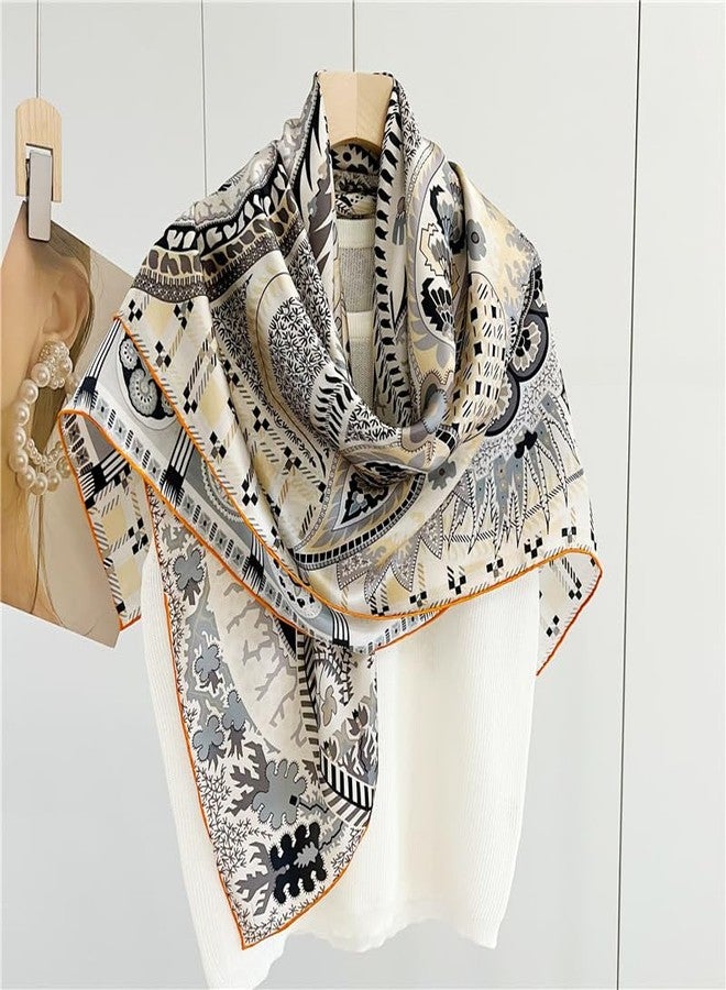 MEISEE 100% Silk Scarf for Women 43”*43” Large Square Lightweight Headscarf Neck Scarf Hair Wraps Shawls with Gift Packed (Beige+gray+orange edge) - Image 3