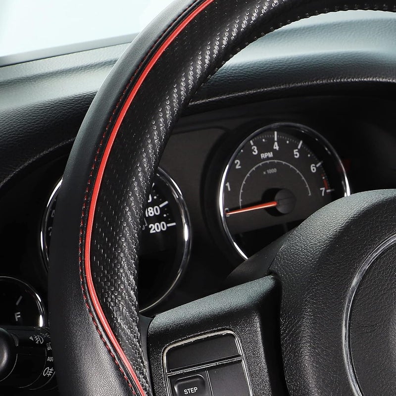 سيج دايركت غطاء عجلة قيادة سيارة كبير الحجم لسيارات F150 وF250 وF350 ورام و4رنر وتاكوما وتندرا ورينج روفر بقطر خارجي 15 1/2-16 بوصة، جلد بنمط ألياف الكربون باللونين الأسود والأحمر - Image 2