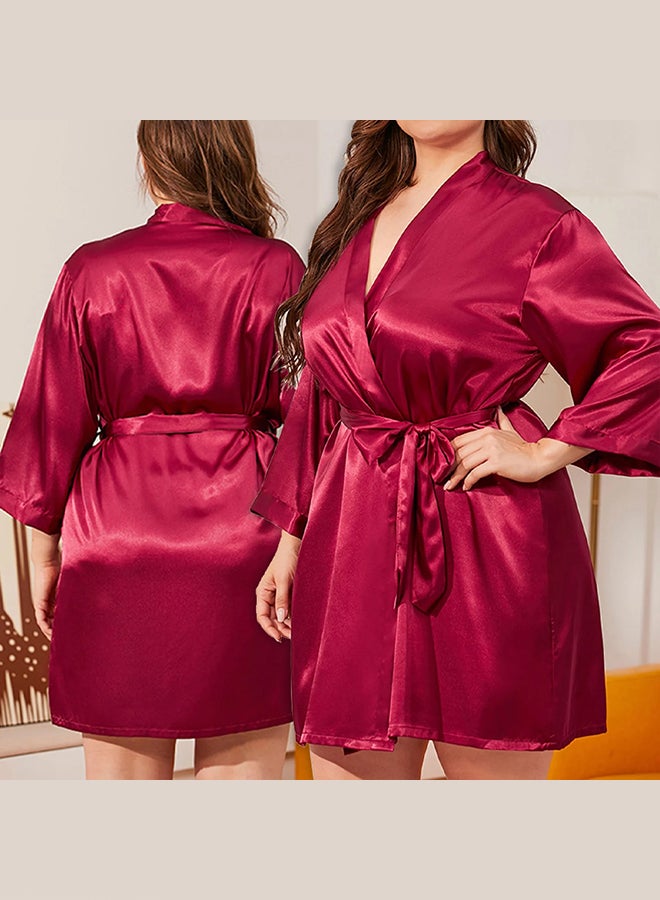 MARGOUN Women's Free Size Pure Short Satin Robes Bridesmaid and Bride Silky Robes Sleepwear Soft Dressing Gown Bride Pajamas Morning Robe Mid-Length Nightdress Red  - Image 2