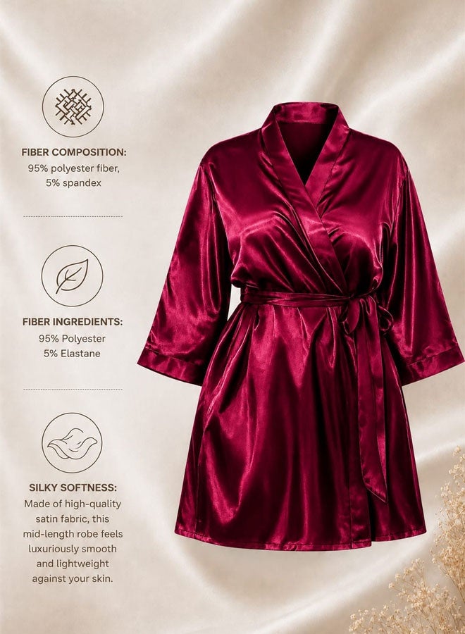 MARGOUN Women's XL/2XL Size Pure Short Satin Robes Bridesmaid and Bride Silky Robes Sleepwear Soft Dressing Gown Bride Pajamas Morning Robe Mid-Length Nightdress Red - Image 5