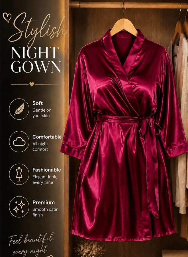 MARGOUN Women's XL/2XL Size Pure Short Satin Robes Bridesmaid and Bride Silky Robes Sleepwear Soft Dressing Gown Bride Pajamas Morning Robe Mid-Length Nightdress Red - Image 2