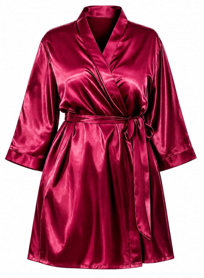 MARGOUN Women's XL/2XL Size Pure Short Satin Robes Bridesmaid and Bride Silky Robes Sleepwear Soft Dressing Gown Bride Pajamas Morning Robe Mid-Length Nightdress Red - Image 3