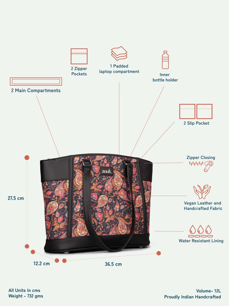 ZOUK Classic Commute Office Bag for Women | Stylish Tote Bag with Laptop Compartment | Handbag for Woman | Purse | Big Size Hand Bags | Stylish Business Bag for Office & Travel |Paisley Print - Image 4