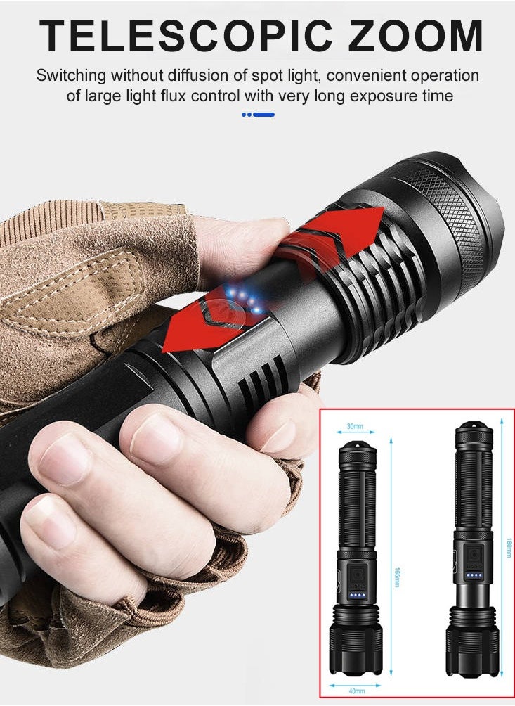 Generic - A high-brightness rechargeable flashlight with power display, it can also be used as a power bank. It features an XHP70 LED chip for ultra-strong illumination. It's only 150g, making it easy to carry. It's telescoping and can be charged either with batteries or a USB cable. - Image 1