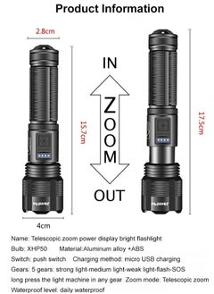 Generic A high-brightness rechargeable flashlight with power display, it can also be used as a power bank. It features an XHP70 LED chip for ultra-strong illumination. It's only 150g, making it easy to carry. It's telescoping and can be charged either with batteries or a USB cable.  - Image 3