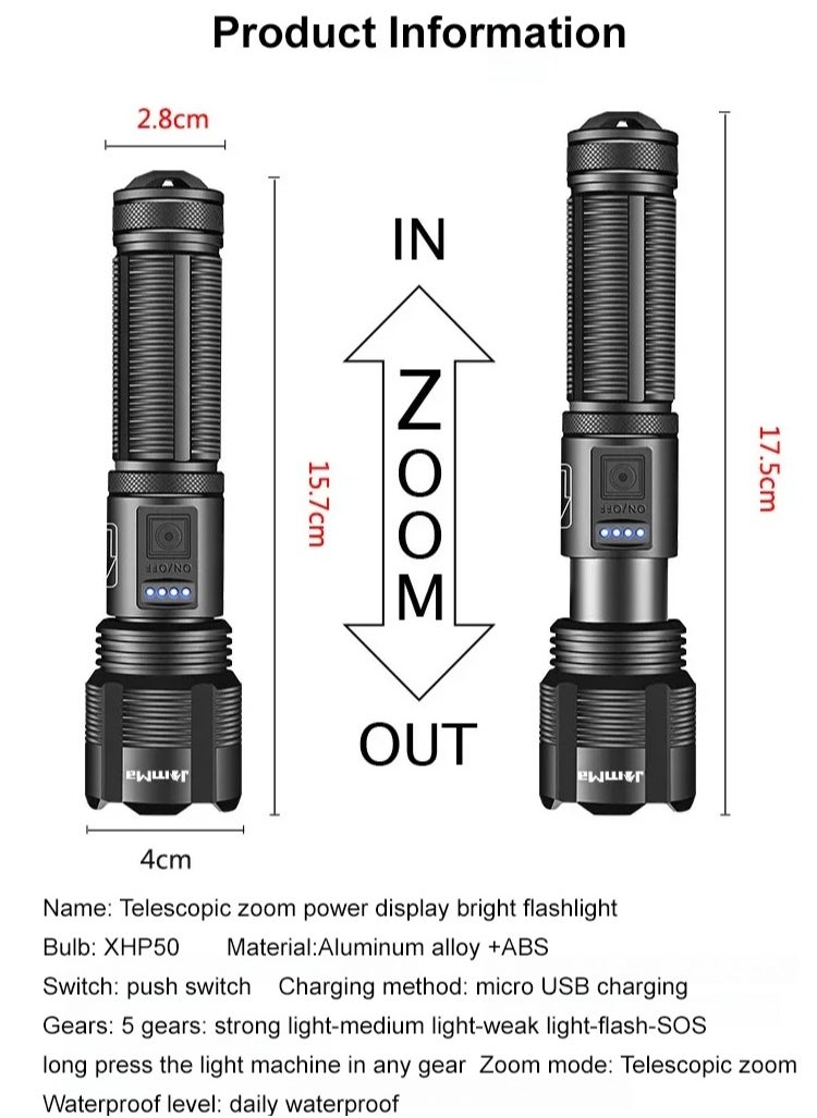 Generic - A high-brightness rechargeable flashlight with power display, it can also be used as a power bank. It features an XHP70 LED chip for ultra-strong illumination. It's only 150g, making it easy to carry. It's telescoping and can be charged either with batteries or a USB cable. - Image 1