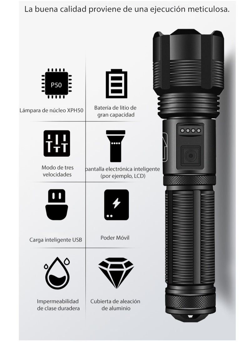 Generic - A high-brightness rechargeable flashlight with power display, it can also be used as a power bank. It features an XHP70 LED chip for ultra-strong illumination. It's only 150g, making it easy to carry. It's telescoping and can be charged either with batteries or a USB cable. - Image 1