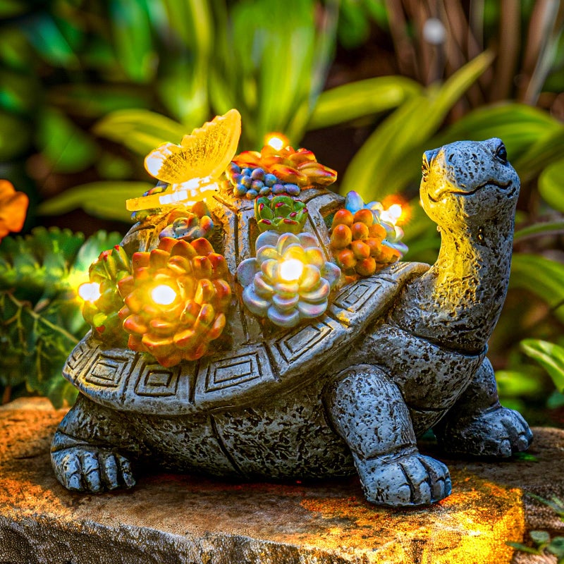 YDKOJGW Solar Garden Outdoor Statues with Succulent and 7 LED Lights - Lawn Decor Tortoise Statue for Patio, Balcony, Yard Ornament - Unique Housewarming Gifts (Gray Turtle) - Image 1