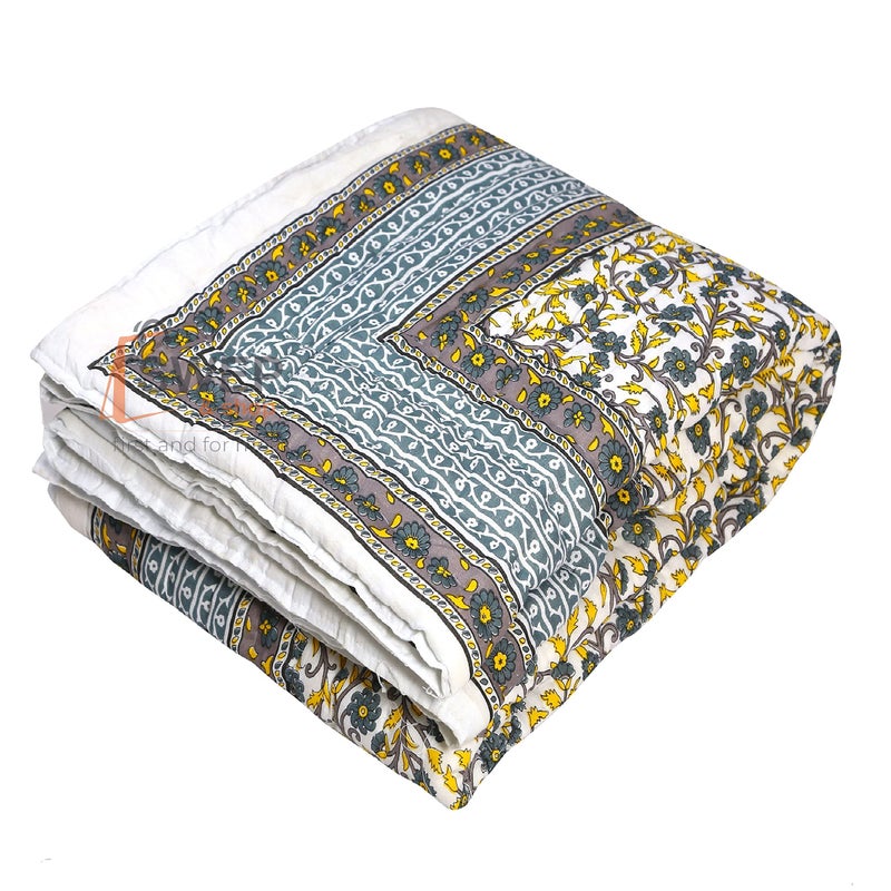 LOARSHY Pure Cotton Garden Flower Printed Quilt | Lightweight and Warm Jaipuri Rajasthani Single Bed Razai | Soft Razai for Winters | Gift Item(Green, Pack of 1) - Image 3