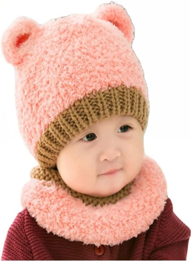 Richmen Baby Boys Girls Knit Woolen Hat Cap Neck Scarf Soft Wool Warm Acrylic Lycra Monkey Beanie Winter Capset for Unisex Kids (6Month - 3Yrs) (A Pink) - Image 1