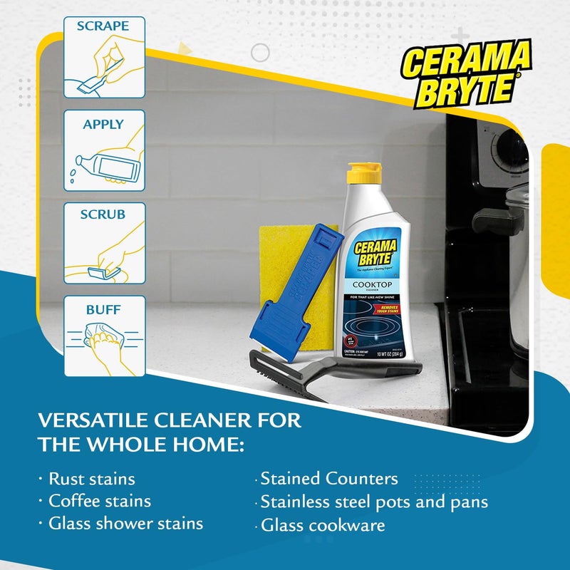Cerama Bryte Glass Cooktop and Stove Top Cleaner Combo Kit - Includes Cleaning Tool, Razor, Scraper and 3 Pads to Remove Tough Stains - Use on Gas, Electric, Ceramic Surfaces, 10 Ounces, 6 Piece - Image 3