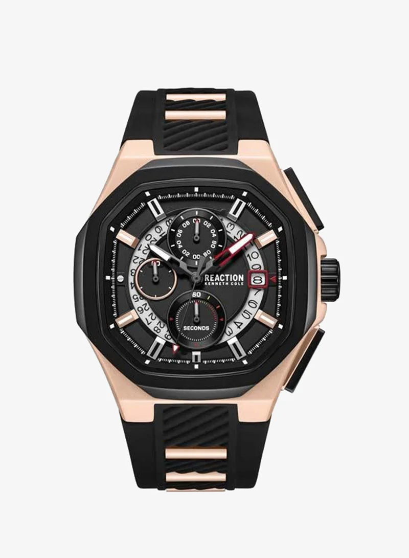 Kenneth Cole Reaction Black Dial Black Silicone Strap Chronograph Watch for Men, 45mm