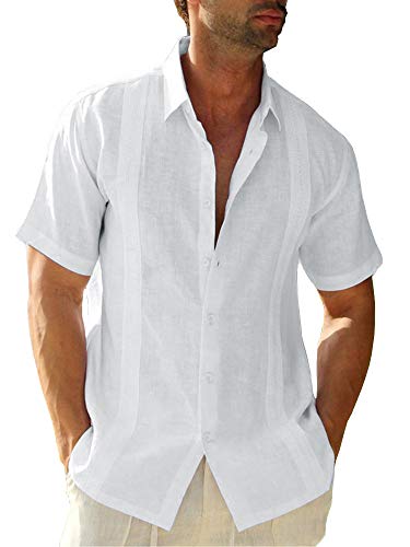 Ryannology Mens Guayabera Shirts Linen Short Sleeve Button Down Casual Beach Cuban Camp Mexican Shirt for Men Khaki - Image 1