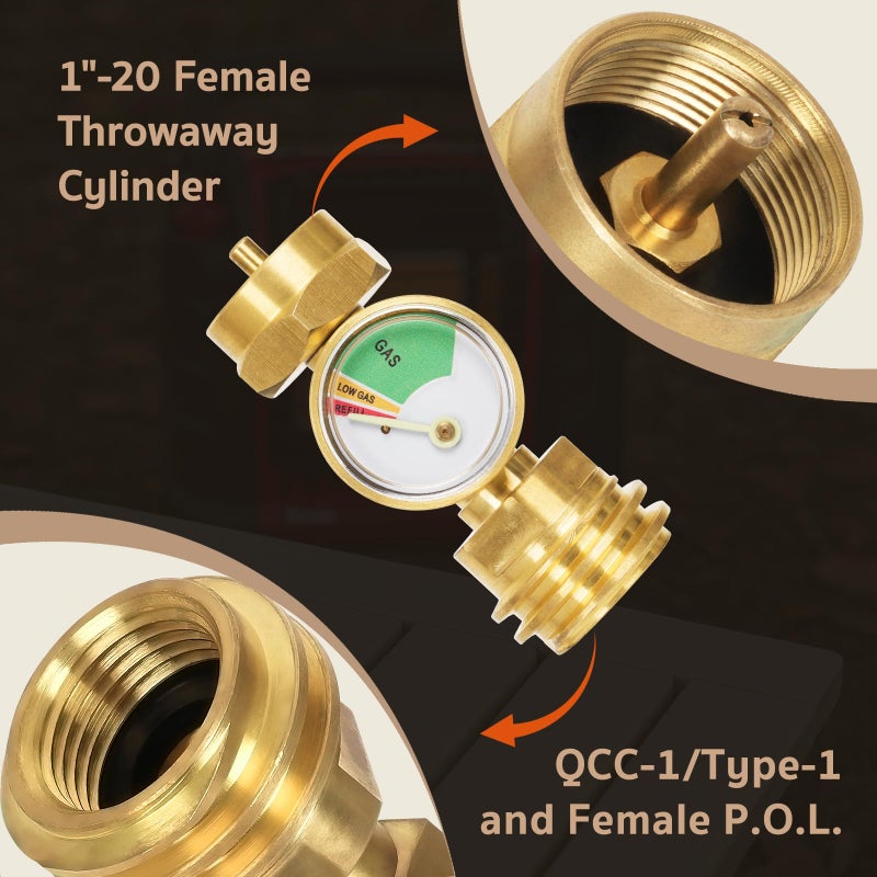GASPRO 1lb Propane Tank Adapter with Gauge,20 lb to 1lb Converter, Hook Up Small Propane Tanks When 20lb Ran Out, Solid Brass - Image 2