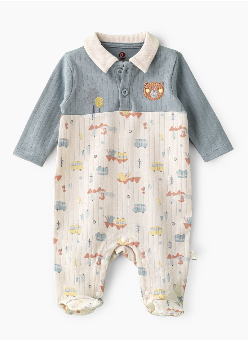 Elegant Kids Boys' Long Sleeve Cotton Footed Romper with Camping Print and Bear Embroidery  - Image 1