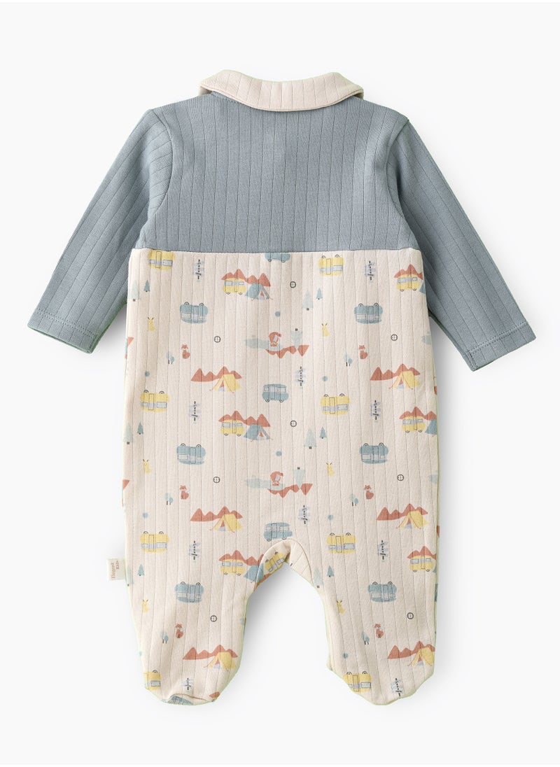 Elegant Kids Boys' Long Sleeve Cotton Footed Romper with Camping Print and Bear Embroidery  - Image 2