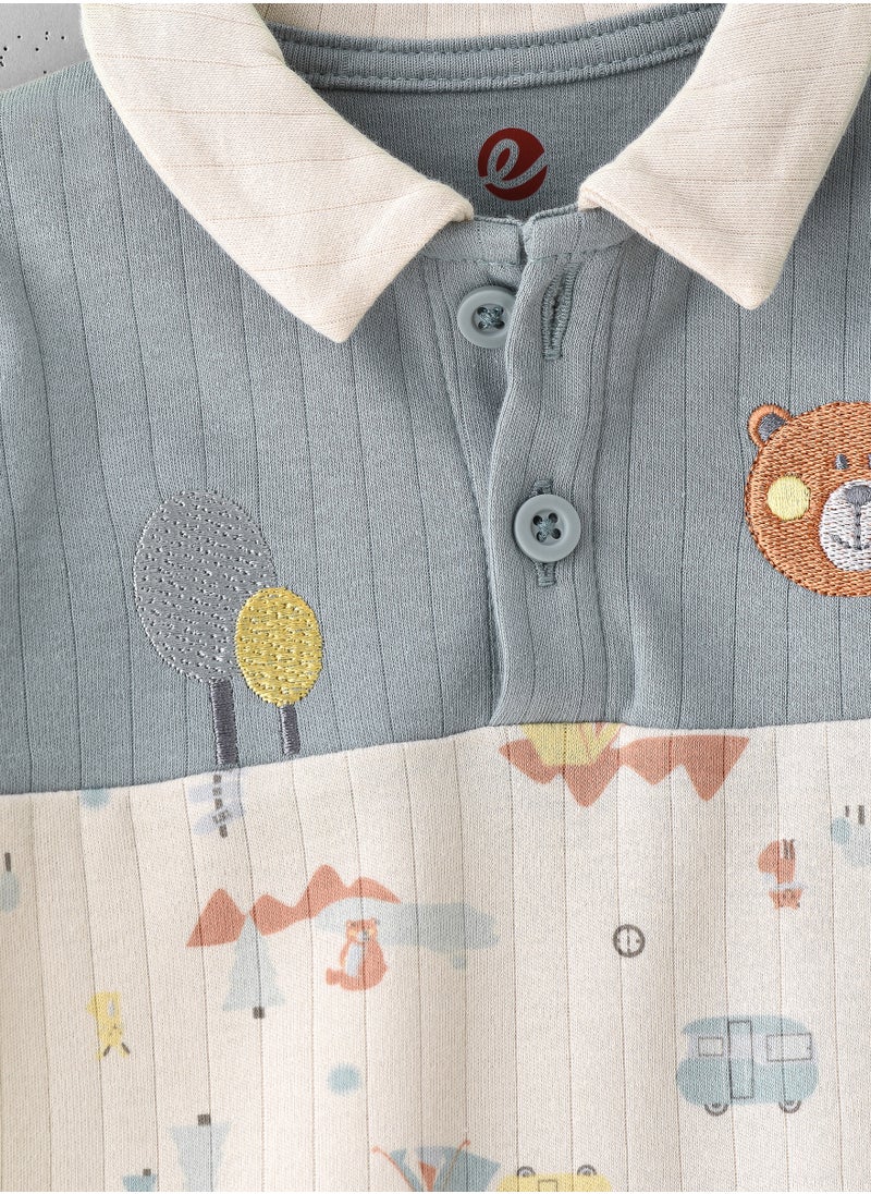 Elegant Kids Boys' Long Sleeve Cotton Footed Romper with Camping Print and Bear Embroidery  - Image 3