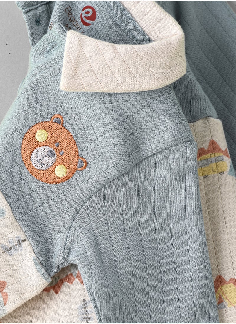 Elegant Kids Boys' Long Sleeve Cotton Footed Romper with Camping Print and Bear Embroidery  - Image 4