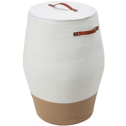 Cottonphant Extra Large Cotton Rope Flagon Basket with Lid and Zipper, Versatile Hamper and Cloth Bin for Clothes, Towels, Blankets, Perfect for Living Room Organization (White/Camel Bottom, 20"x26") - Image 1