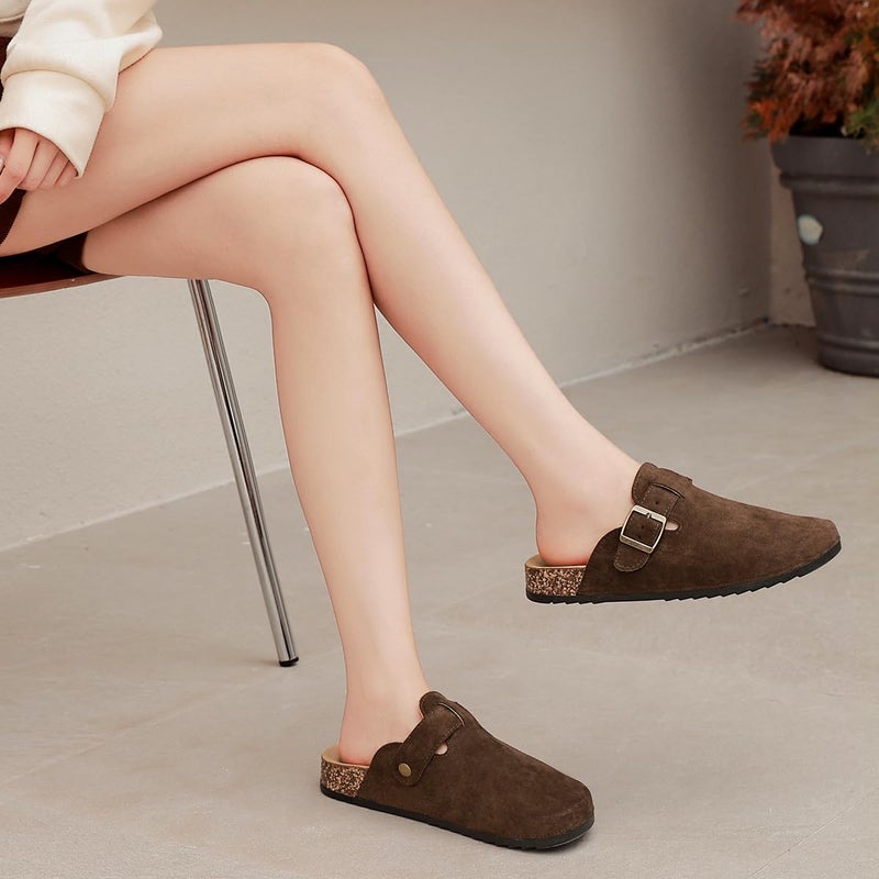 DDXYYDS Suede Clogs Men & Women Unisex Leather Mules Soft Cork Footbed Adjustable Buckle Slip Sandals Potato Shoes with Arch Support Dark Brown - Image 3