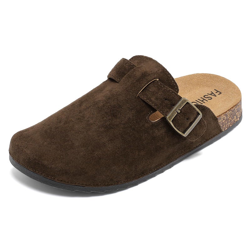 DDXYYDS Suede Clogs Men & Women Unisex Leather Mules Soft Cork Footbed Adjustable Buckle Slip Sandals Potato Shoes with Arch Support Dark Brown - Image 1