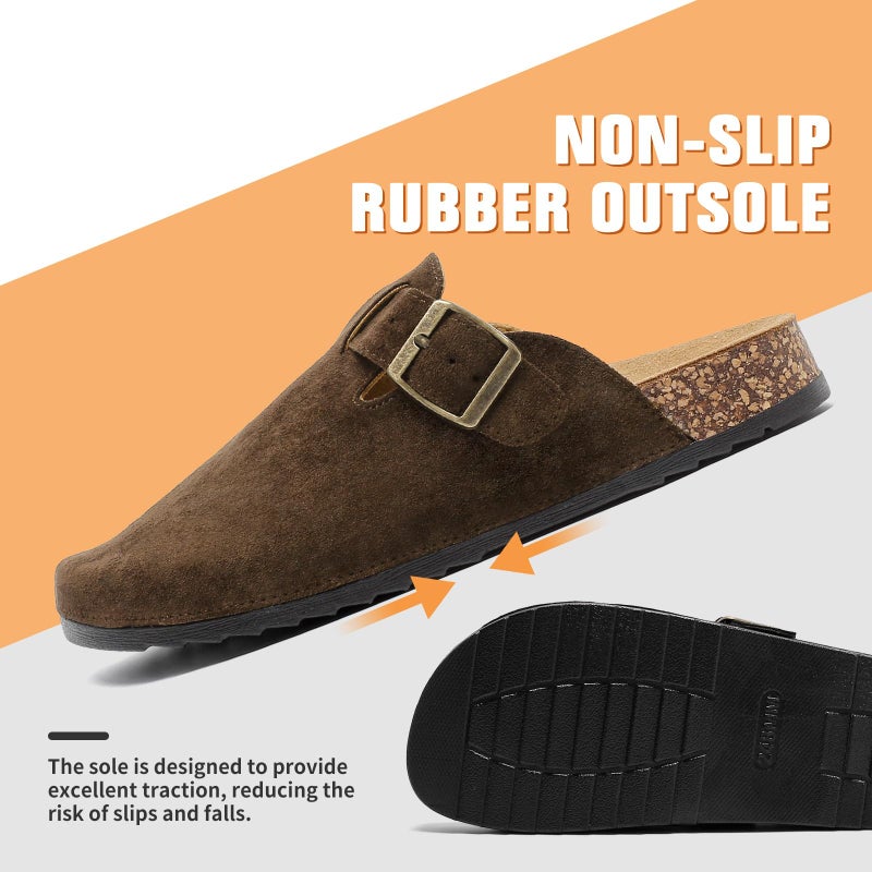 DDXYYDS Suede Clogs Men & Women Unisex Leather Mules Soft Cork Footbed Adjustable Buckle Slip Sandals Potato Shoes with Arch Support Dark Brown - Image 4