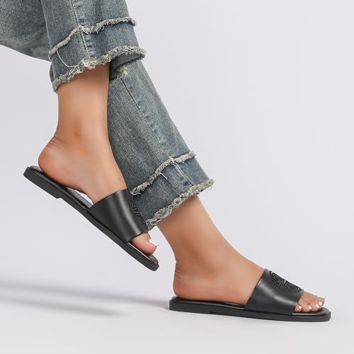 Stratuxx Kaze Womens Flat Sandals Dressy Summer Slide with Memory Foam Comfortable Cute Leather Black Sandals for Women - Image 4