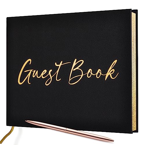 JUBTIC Black Guest Book for Funeral, Guest Sign in Book for Reception,Wedding,Baby Shower, Birthday, Bridal Shower, Graduation Party,100 Pages with Gilded Edges and Gold Foiled Cover - 7x10″ - Image 1