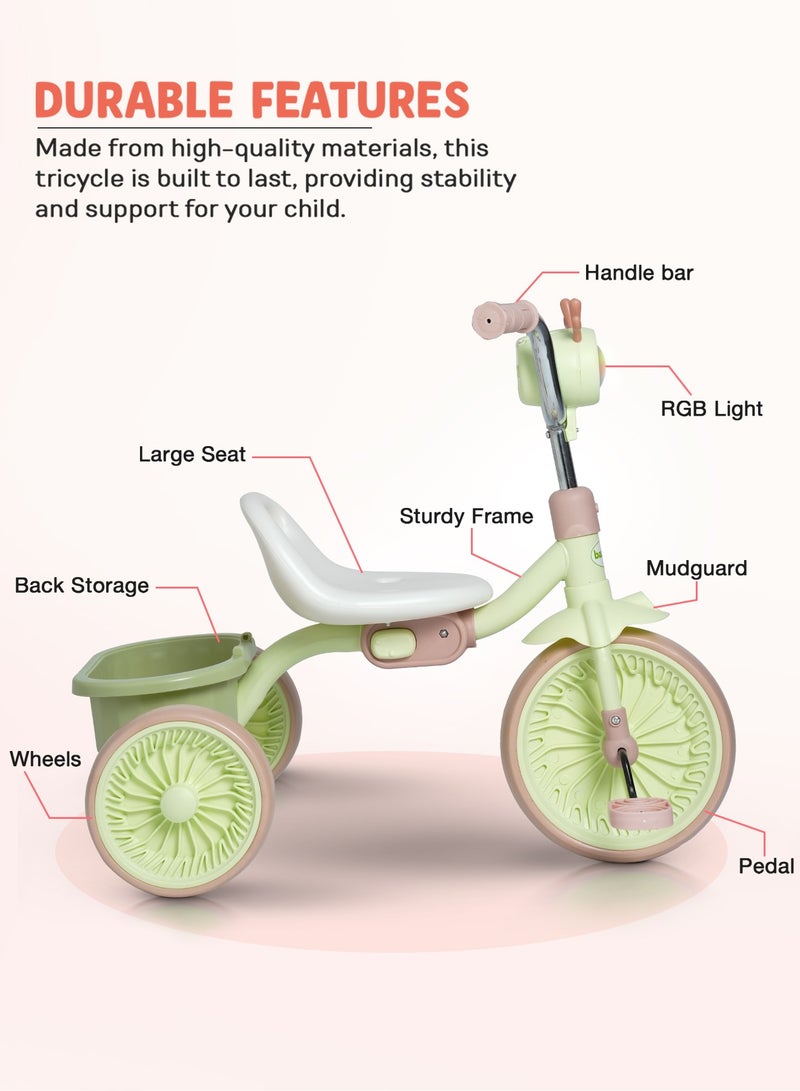BAYBEE Triky Foldable Baby Tricycle for Kids, Baby Cycle with Light, Music, High Backrest & Rear Storage Basket | Kids Cycle Bike | Kids Tricycle Cyle for Kids 2 to 5 Years Boys Girls Green - Image 4