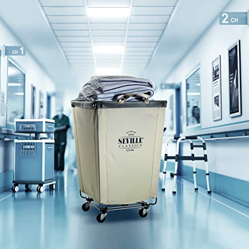Seville Classics Large Commercial Heavy Duty Rolling Steel Frame Laundry Hamper Canvas Cart Bin, w/ Wheels for Hotel, Home, Closet, Bedroom (PATENTED), Cream, 18.1" D x 18.1" W - Image 2