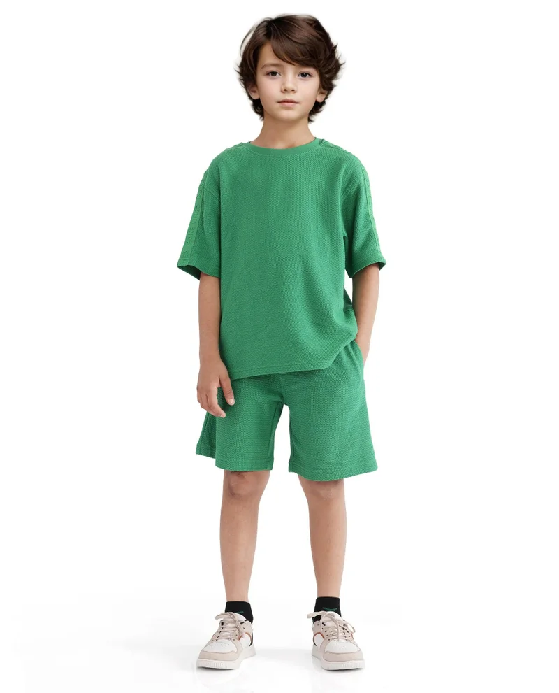 Rare Ones Rare Ones Kids Cols Green Cotton Half Sleeves Crew Neck Oversized Fit Textured Solid T-Shirt