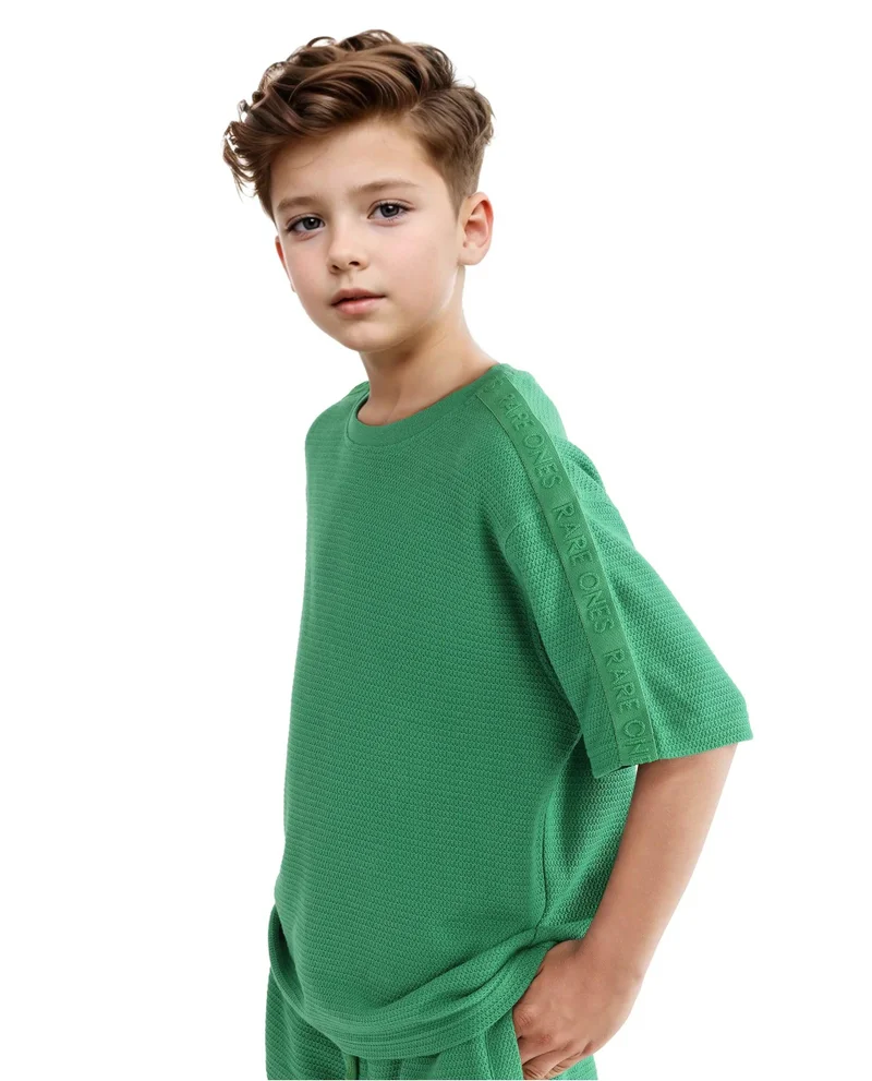 Rare Ones Rare Ones Kids Cols Green Cotton Half Sleeves Crew Neck Oversized Fit Textured Solid T-Shirt
