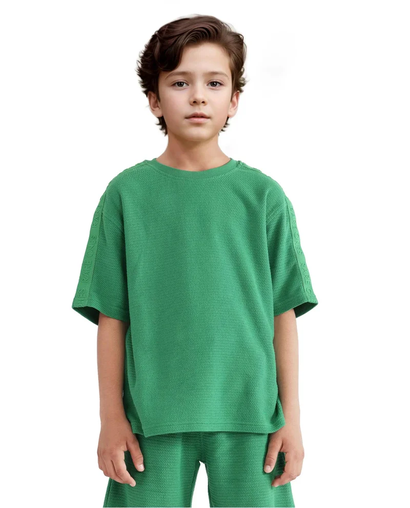 Rare Ones Rare Ones Kids Cols Green Cotton Half Sleeves Crew Neck Oversized Fit Textured Solid T-Shirt