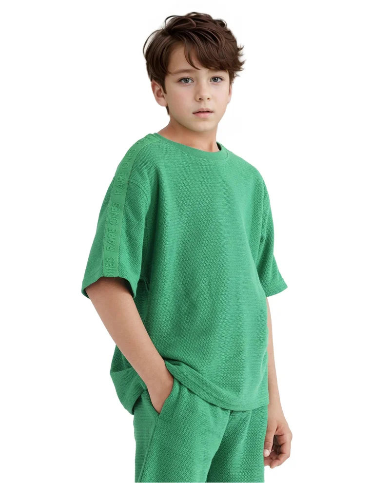 Rare Ones Rare Ones Kids Cols Green Cotton Half Sleeves Crew Neck Oversized Fit Textured Solid T-Shirt