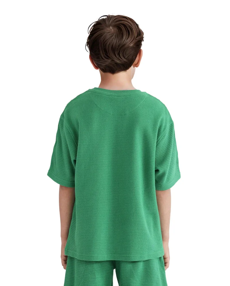 Rare Ones Rare Ones Kids Cols Green Cotton Half Sleeves Crew Neck Oversized Fit Textured Solid T-Shirt