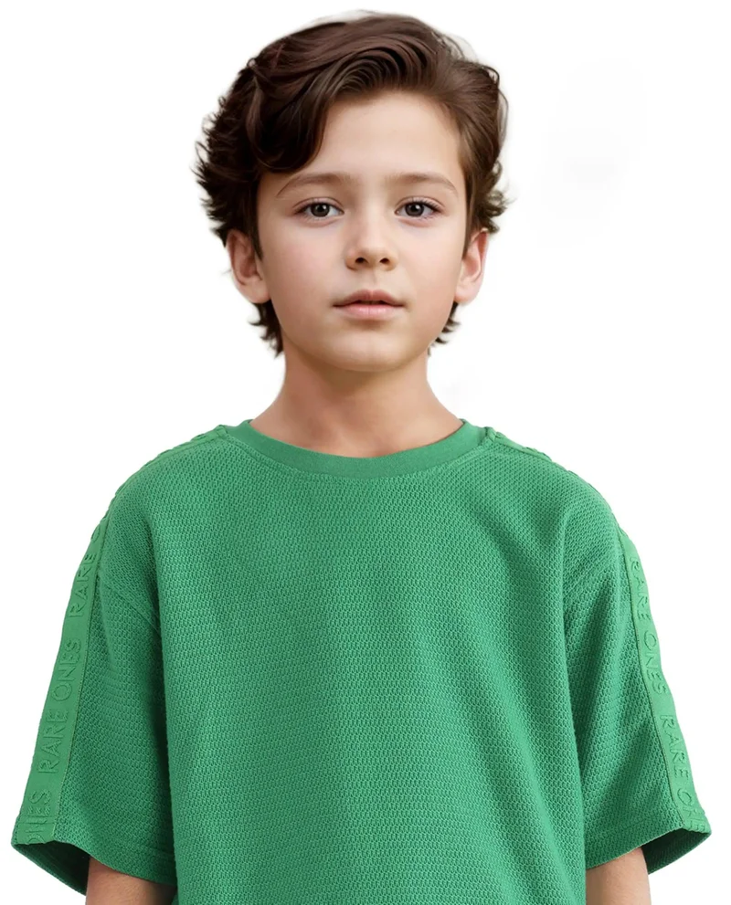 Rare Ones Rare Ones Kids Cols Green Cotton Half Sleeves Crew Neck Oversized Fit Textured Solid T-Shirt