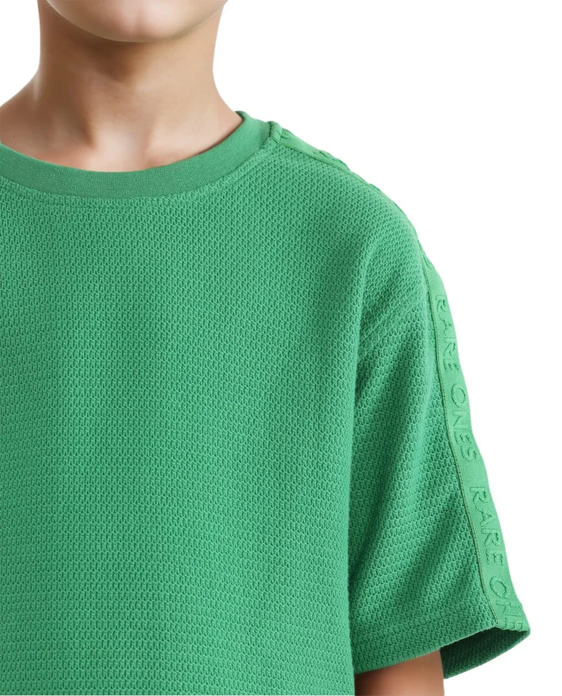 Rare Ones Rare Ones Kids Cols Green Cotton Half Sleeves Crew Neck Oversized Fit Textured Solid T-Shirt