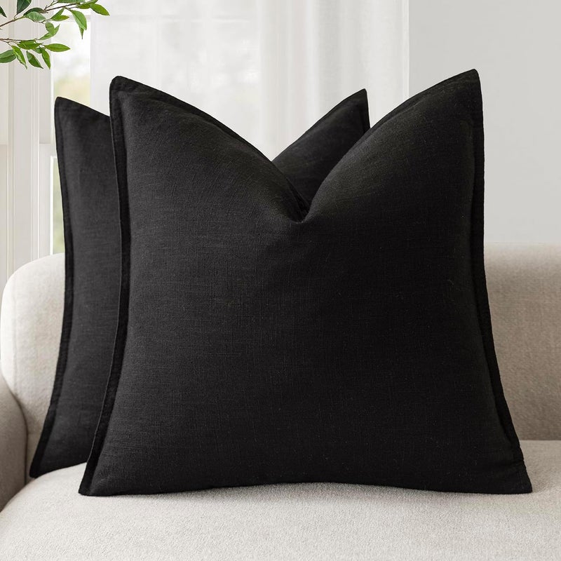 Foindtower Pack of 2, Decorative Linen Soild Throw Pillow Covers Soft Accent Cushion Case Boho Farmhouse Neutral Pillowcase for Chair Couch Sofa Bedroom Living Room Home Decor 20 x 20 Inch Black - Image 1