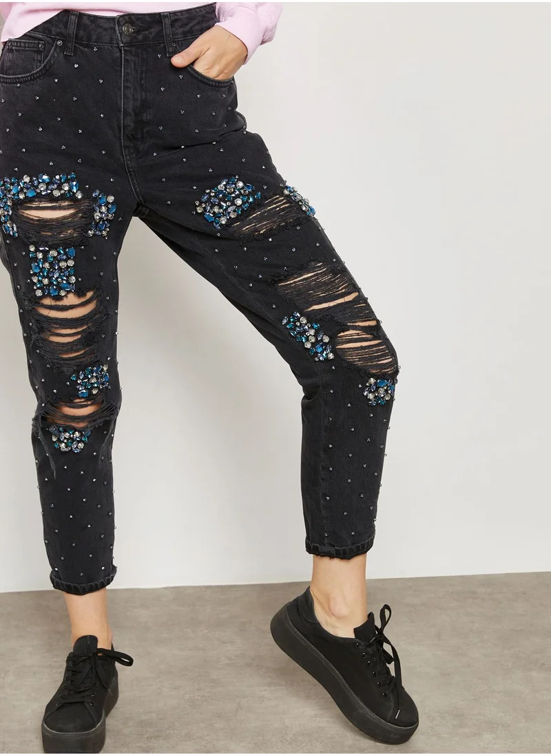 TOPSHOP Embellished Ripped Mom Jeans