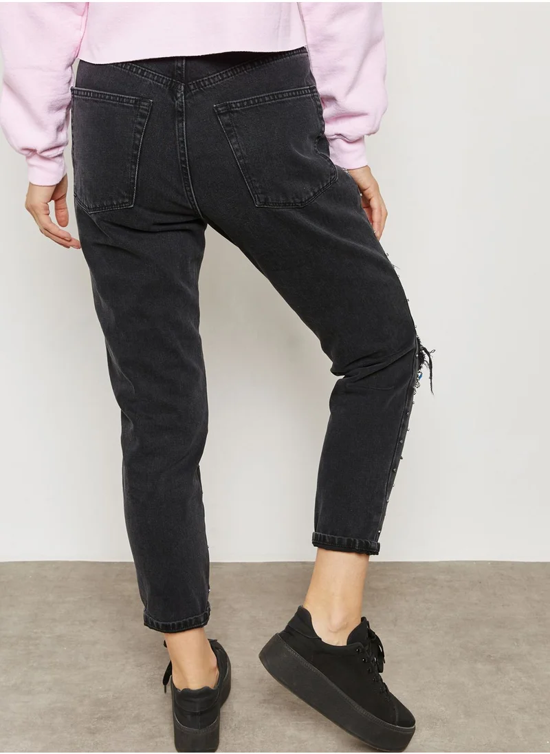 TOPSHOP Embellished Ripped Mom Jeans