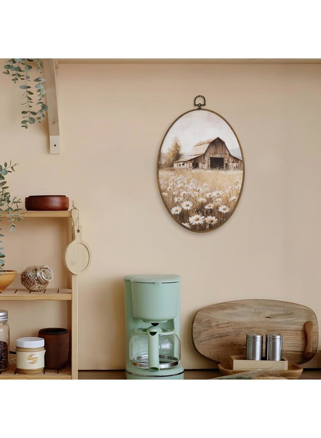 LKETW Farmhouse Country Wildflower Oval Wall Art Decor, Vintage Rustic Nature Daisy Floral Oval Canvas Hanging Decor, Retro Landscape Wall Decorations for Home Bedroom Living Room, 8.6x11.4 Inch - Image 5