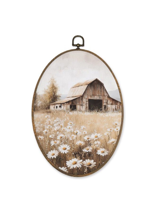 LKETW Farmhouse Country Wildflower Oval Wall Art Decor, Vintage Rustic Nature Daisy Floral Oval Canvas Hanging Decor, Retro Landscape Wall Decorations for Home Bedroom Living Room, 8.6x11.4 Inch - Image 1